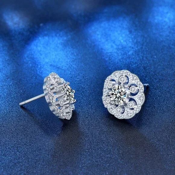 Certified 1ct. t.w. Moissanite Diamond Flower Stud Earrings NEW